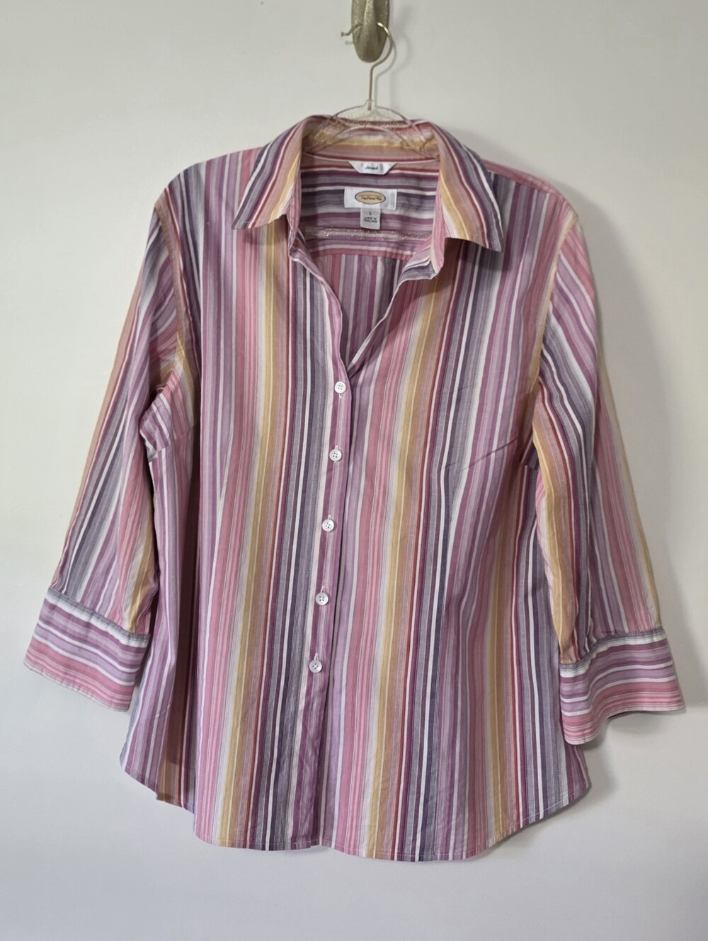 Talbots Stretch Vertical Striped Button Up Cotton Top Classic Preppy Large